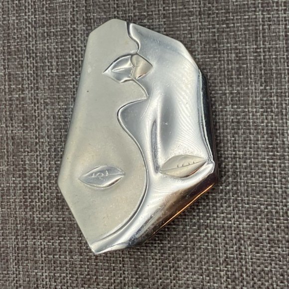 Abstract Face Pin Brooch As Is Silver Shiny Matte Picasso Cubist Profile Cubism - Picture 4 of 9